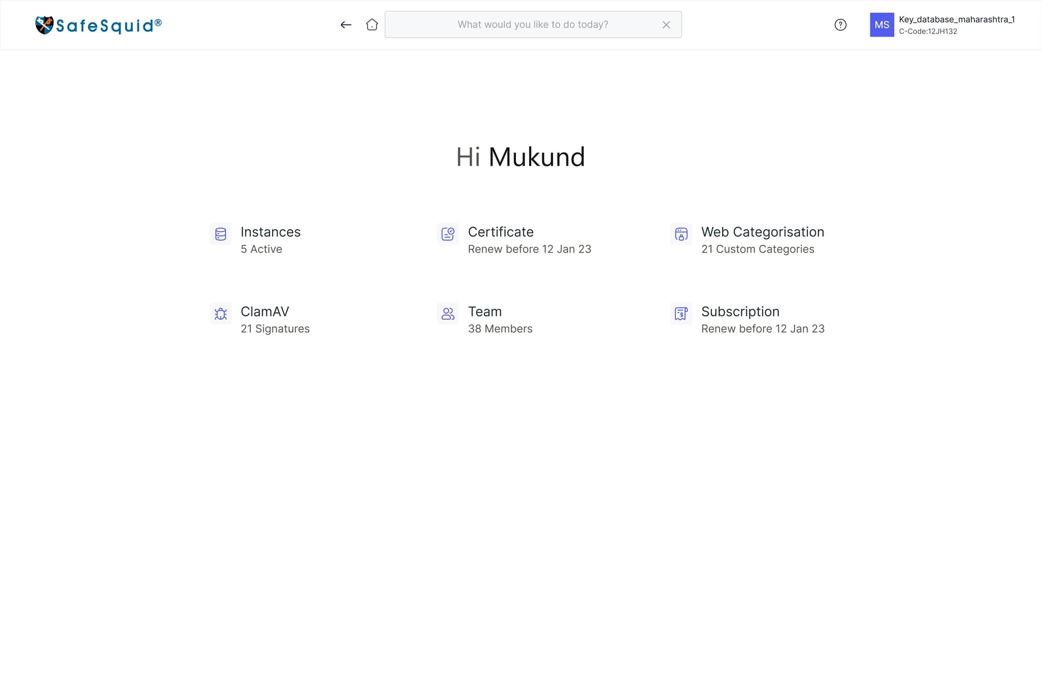 SafeSquid customer portal overview showing instances, certificates and administration modules