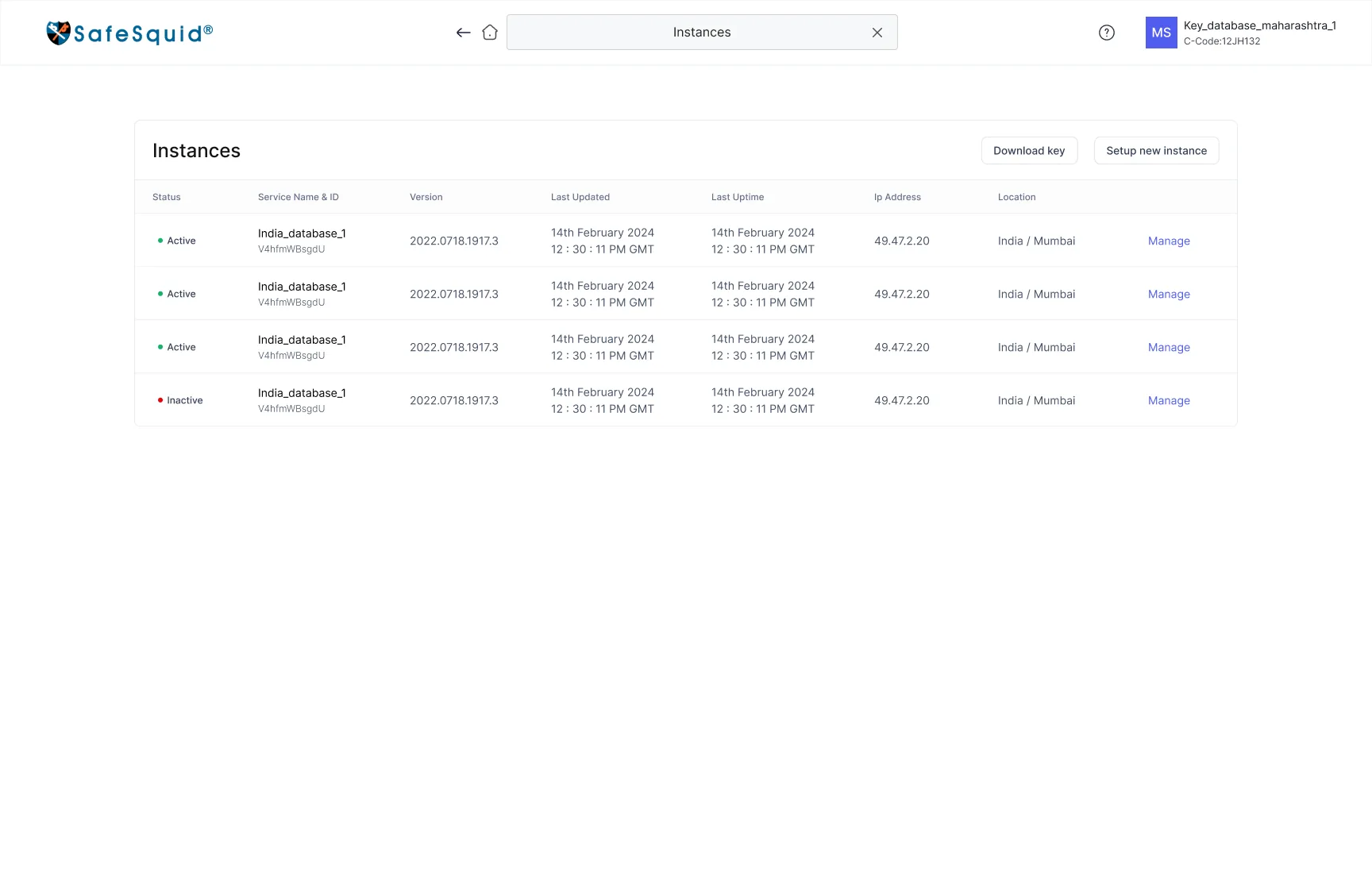 Instance list: status, version, uptime, IP and location