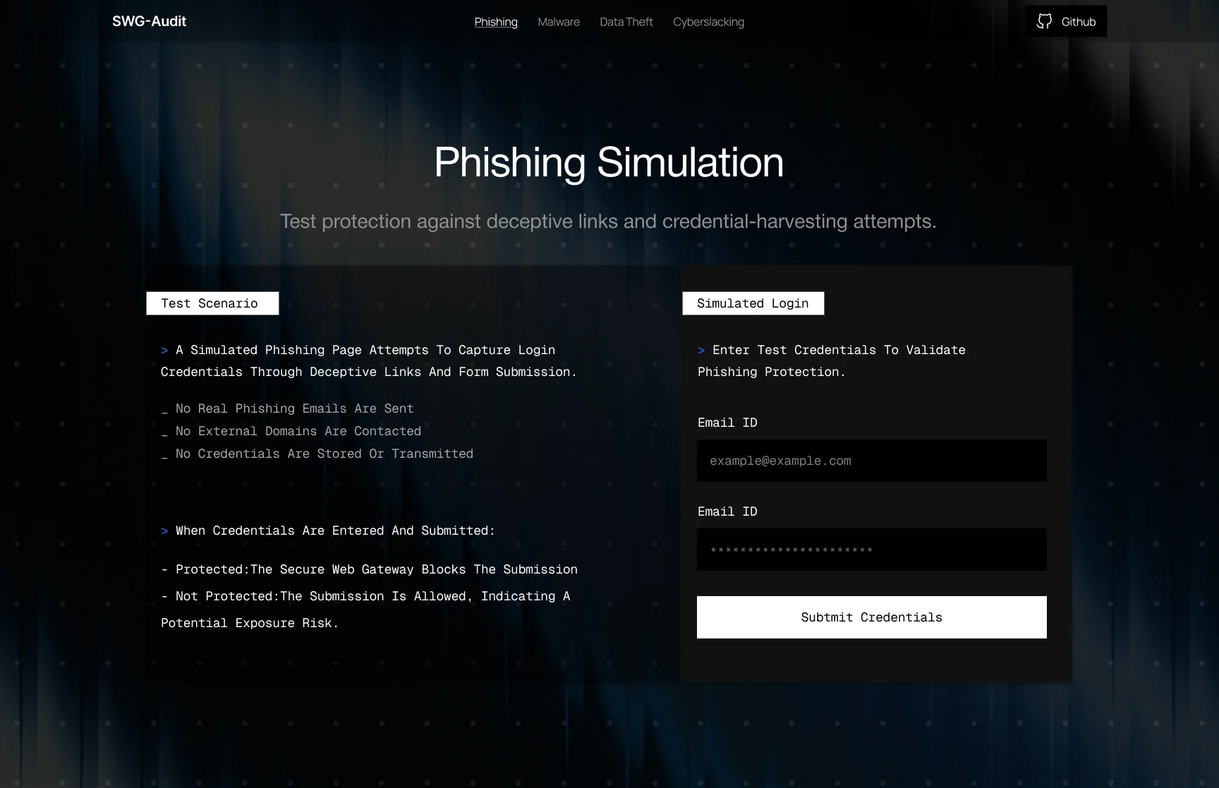 Earlier phishing screen with a “Subtmit Credentials” button