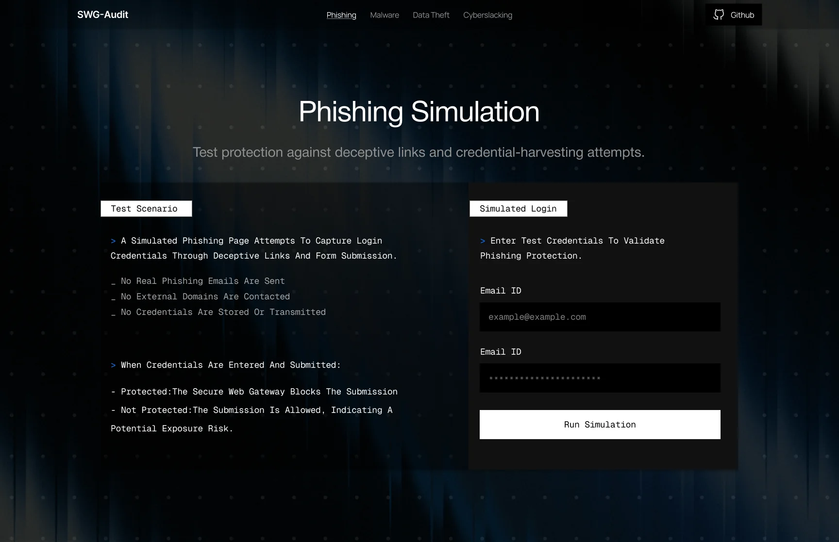 Phishing test screen
