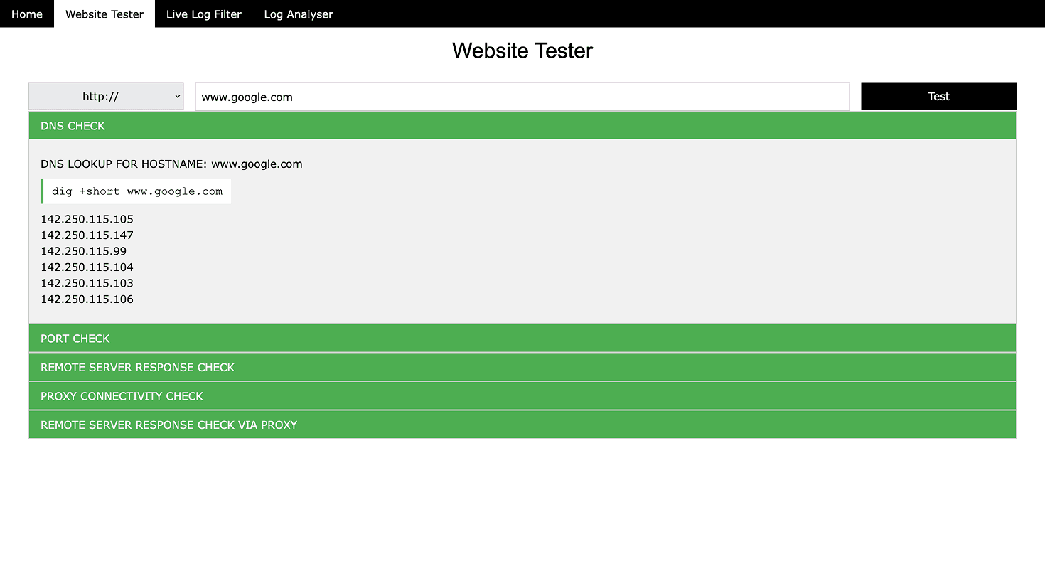 Previous Website Tester interface with raw DNS output and visually equivalent diagnostic rows