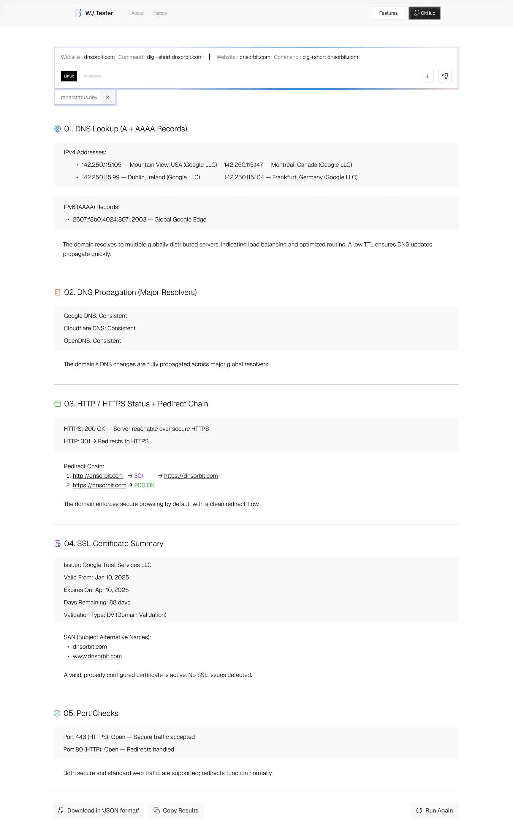 Website Tester results grouped into DNS, HTTP, SSL, and port check sections
