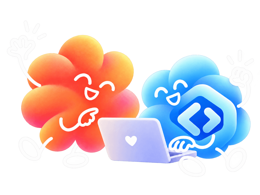 Playful characters with laptop