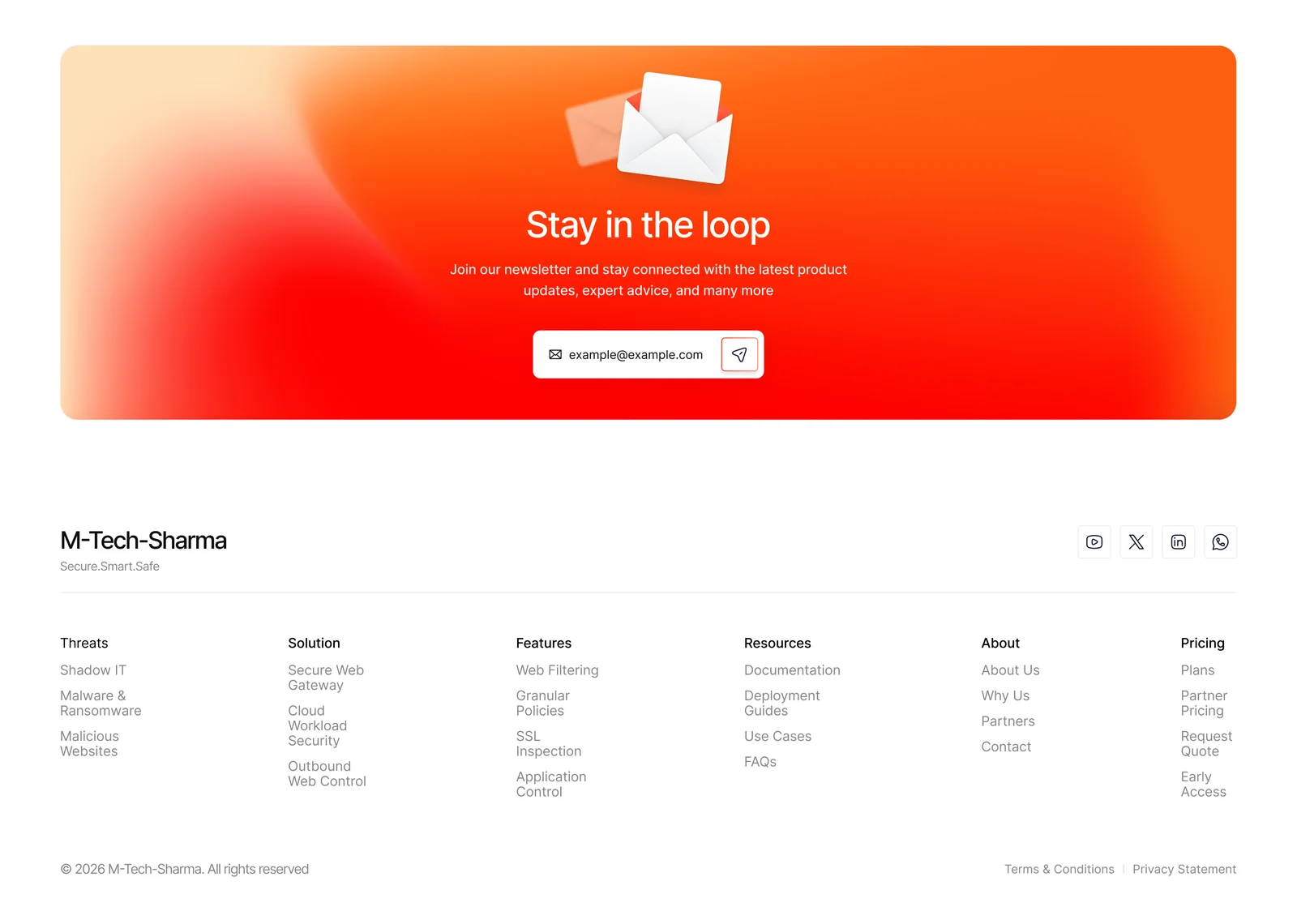 Modern website footer concept featuring a vibrant orange Stay in the loop newsletter card and clean multi-column navigation links
